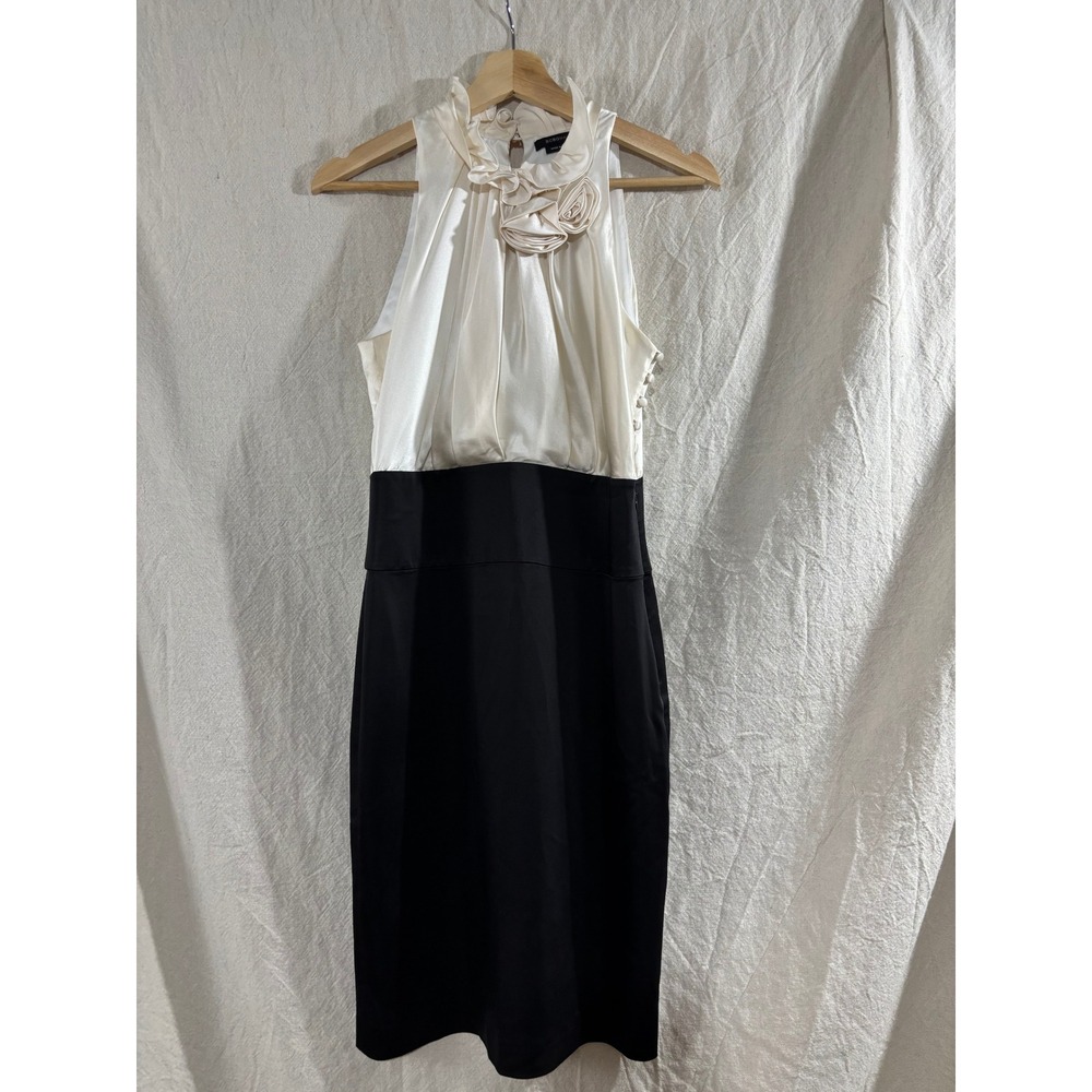 BCBG MAX AZRIA Vintage Y2K Silk Rosette Halter Dress Cream Black Colorblock 6